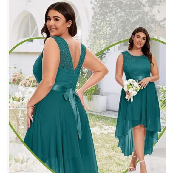 Berylove Hi Lo Lace Top Chiffon Dress Teal Green NO BELT Size M Deep V Back - Picture 3 of 8